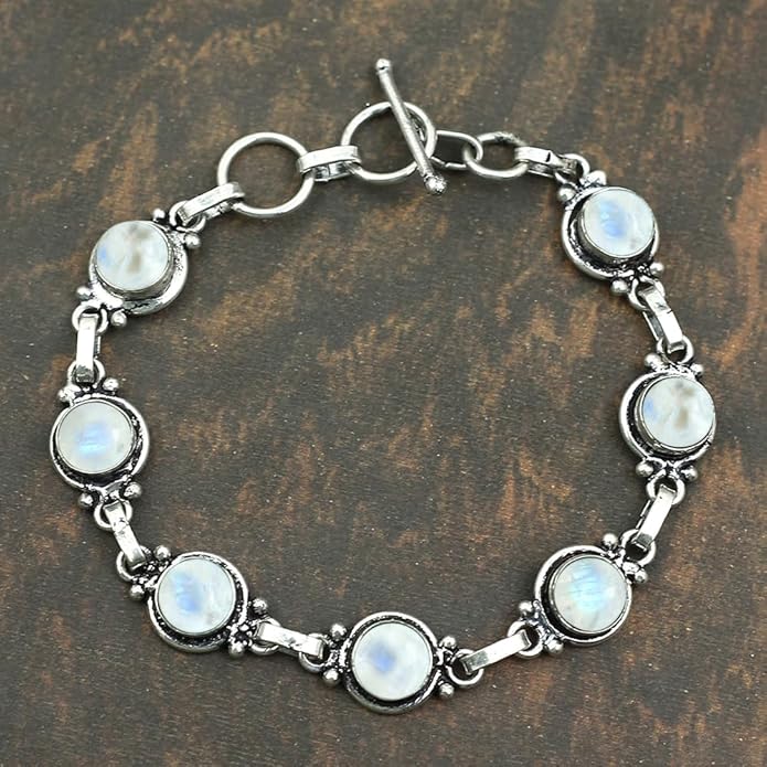 Round Shape Natural & Synthetic Gemstones Silver Plated Bracelets for Women - Vintage Bohemian Style Handmade Birthstone Adjustable Link Bracelet Jewelry Gifts for Wedding Anniversary Mother's Day