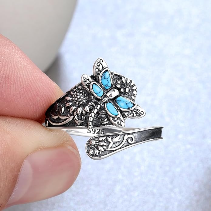S925-Sterling-Silver Abalone Dragonfly-Turquoise Spoon Ring - Vintage Boho Sunflower Thumb Oxidized Wrap Rings Victorian Style Antique Floral Jewelry Gifts for Women
