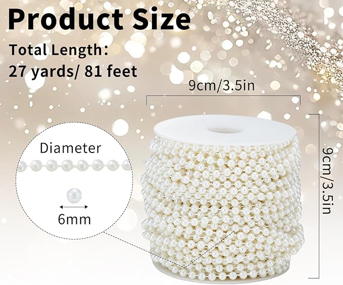 Rytenz Pearls String Bead, Ivory Color Faux Pearl Beads Roll Strand for Wedding Party Christmas Tree and Flowers Decorations Garland DIY Crafts (6mm- 81 Feet)