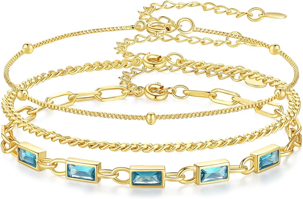 Gold Birthstone Bracelet for Women, 18K Gold Plated Layered Jewelry Bracelet Set, Women Dainty Stackable Bracelets Link Paperclip Chain Valentines Day Gift for Women