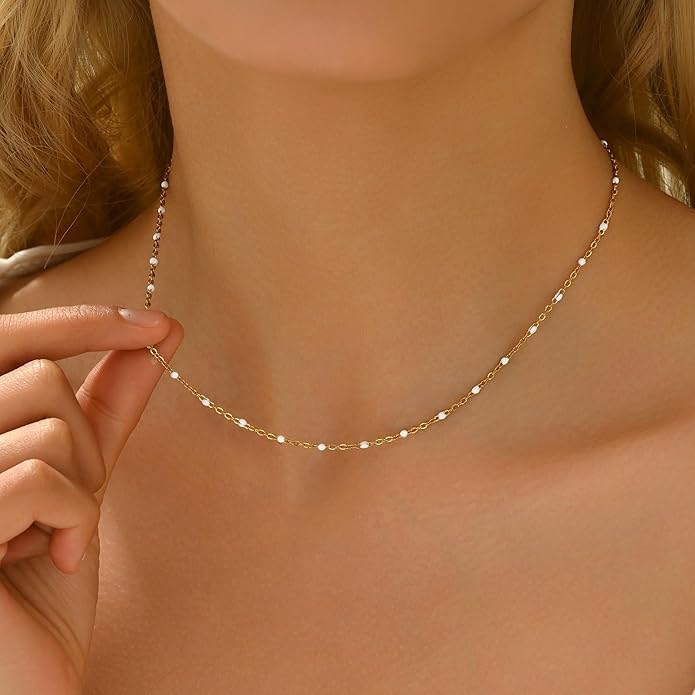 Gold Chain Necklace for Women Dainty 18K Gold Plated Thin Satellite Beaded Turquoise Necklace Simple Gold Boho Jewelry