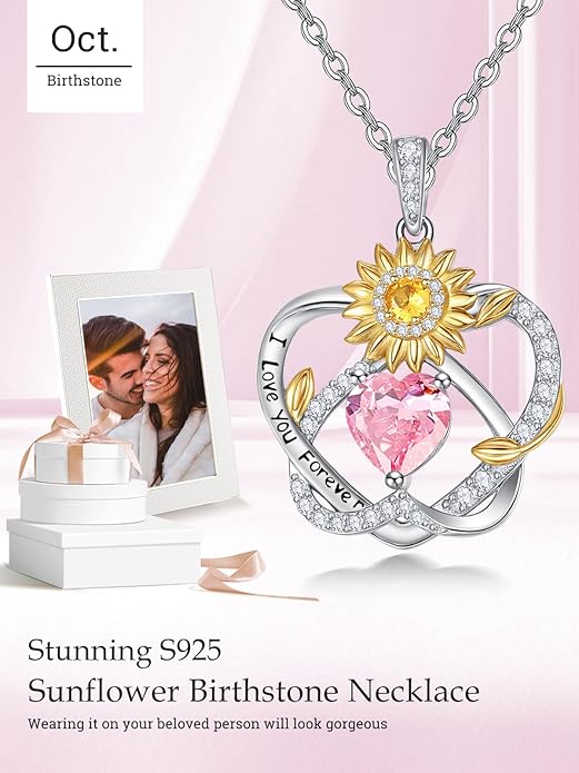Zeuslia Double Birthstone Necklace Gifts for Wife - 925 Sterling Silver Sunflower/Rose/Crown Cross/Compass/Heart Pendant I Love You Necklace, Anniversary Birthday Gifts for Wife Girlfriend Mom Her