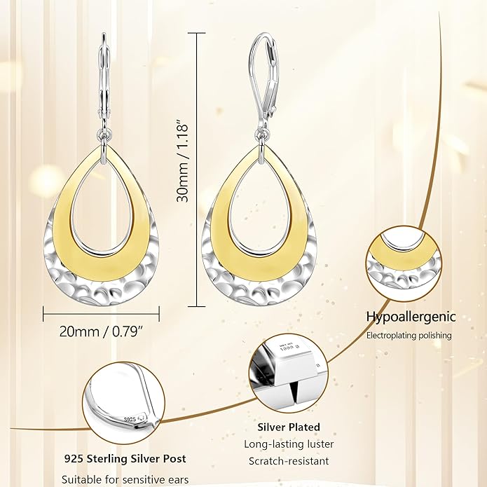 925 Sterling Silver Teardrop Dangle Earrings for Women Hammered Layer Drop Dangle Earrings Jewelry Hypoallergenic Boho Teardrop Leverback Dangle Earings for Jewelry Gifts