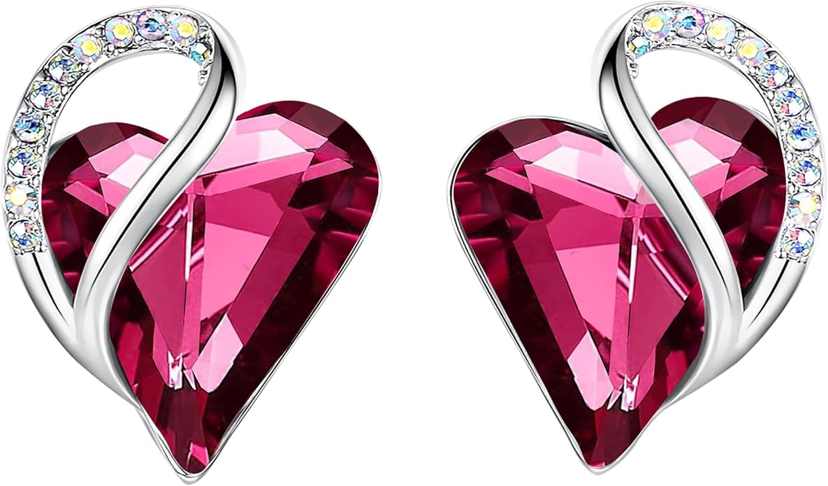 Earrings for Women, Mothers Day Gift for Mom, Heart Birthstone Crystal Stud Earring, Silver Plated Birthday Jewelry