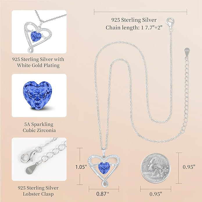 Infinity Necklace for Women, 925 Sterling Silver Heart Necklace with 5A Zircon, White Gold Plated Adjustable Chain, Gift for Valentine's Day, Birthday, Anniversary for Wife, Girlfriend, Mom