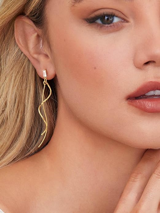 Moodear Dangle Earrings 14K Gold Plated Chain Earrings for Women Trendy Dainty Hypoallergenic Long Chain Drop Tassel CZ/Pearl Earrings Wedding Jewelry Gift