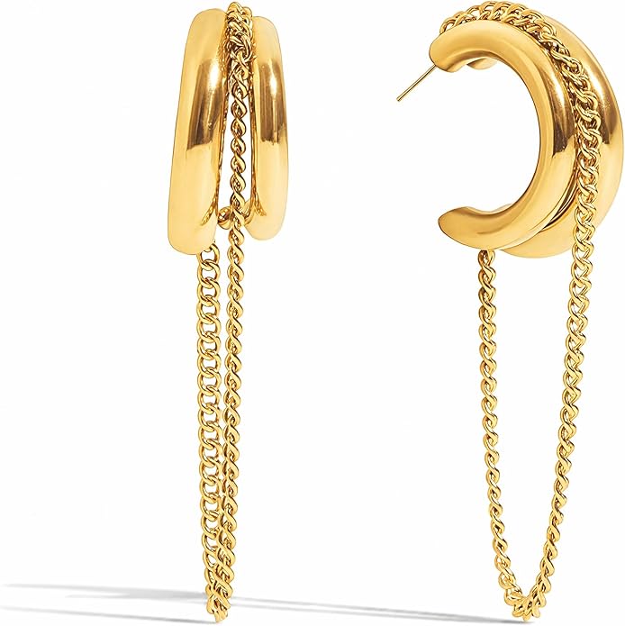 18K Gold Plated Hoop Earrings Gold and Silver Trendy Two Tone Dangling Chain Earrings,Waterproof Stainless Steel Hypoallergenic Earring,Statement Earrings for Daily Wear,Party,Birthday Jewelry Gifts