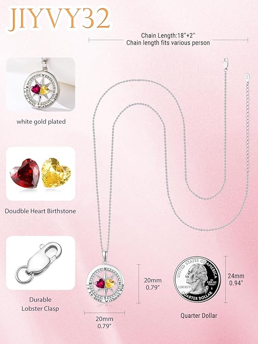 Compass Birthstones Necklace for Women, Exquisite Anniversary Birthday Gifts for Wife Her Double Birthstone Pendant jewelry ‘I'd be Lost Without You’