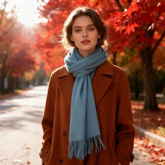 WASALUYA Wool Scarf for Women & Men, 100% Wool Scarves Wrap Shawl with Tassels, Elegant Soft Winter Scarf for Fall and Winter