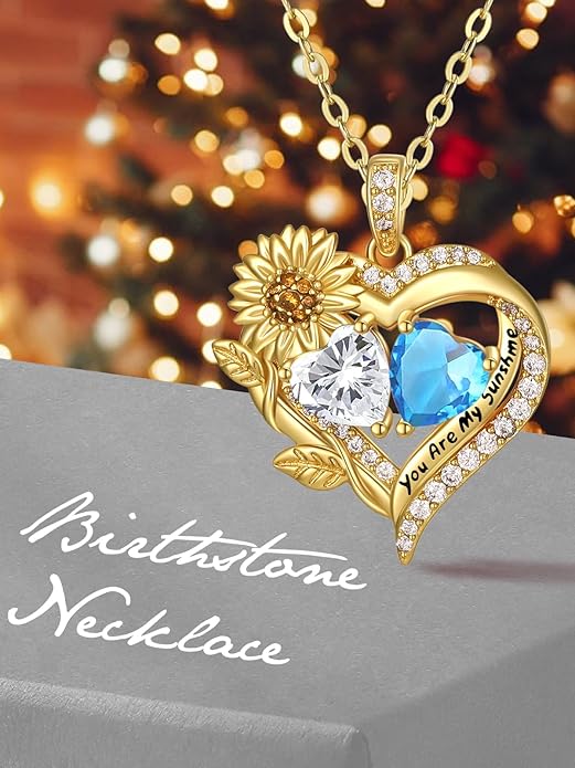 Sunflower Heart Necklace for Women 14K Gold Exquisite Anniversary Birthday Gifts for Wife Mother Her Double Birthstone Pendant jewelry‘You Are My Sunshine’