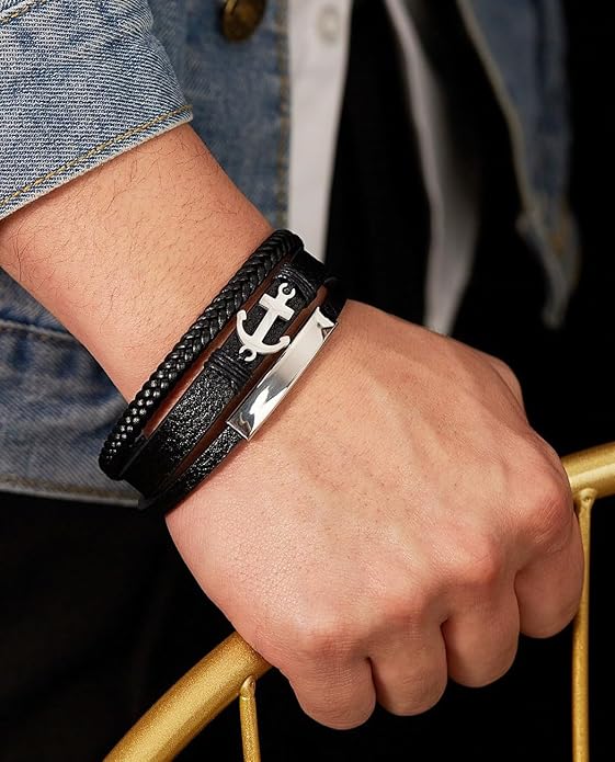 Italian Handmade Genuine Leather Bracelets for Men Stainless Steel Clip, Men's Casual Genuine Multi-layer Cuff Bracelet, Bracelet Gift for Real Men
