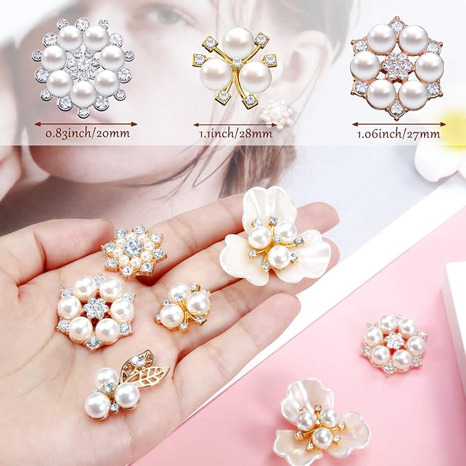Hicarer 44 Pieces Pearl Rhinestone Buttons Rhinestone Faux Pearl Embellishments Brooch Alloy Floral Pendants for Jewelry Making Party Wedding Bridal Bouquet DIY Home Decoration(Gold)