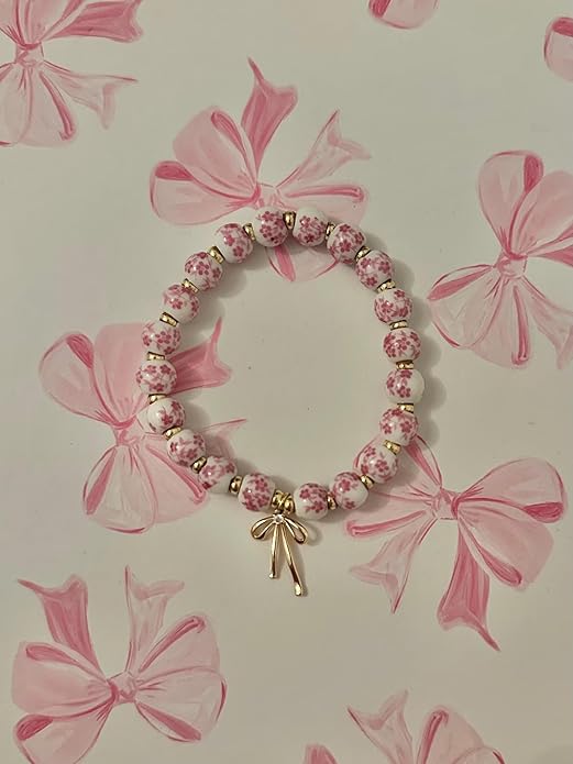 Beads Bow Charm Bracelet for Women Flower Vintage Bracelet Handmade Stretch Beaded Dainty Romantic Jewelry Gifts