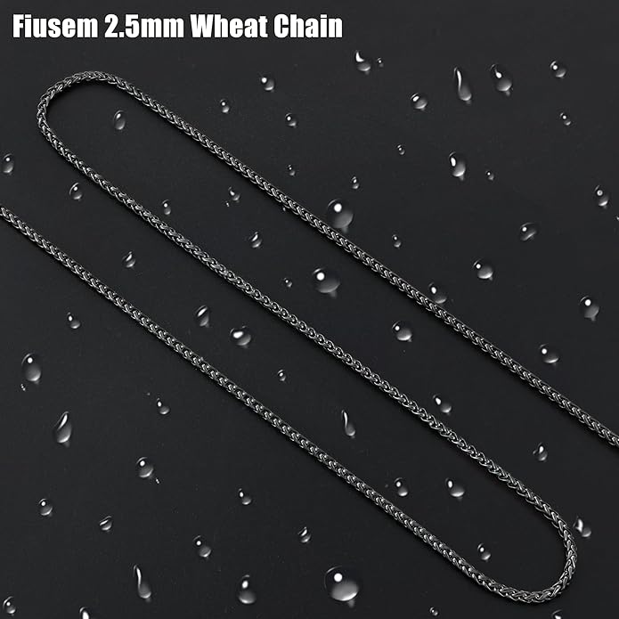Fiusem Wheat Chains for Men and Women, 2/2.5/3/4/5mm Silver Tone/14K Gold Plated/Black Necklace Chain, Stainless Steel Mens Necklace 16-28 Inch