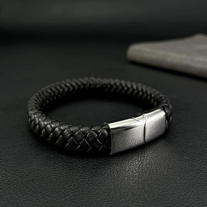 Italian Handmade Genuine Leather Bracelets for Men Stainless Steel Clip, Men's Casual Genuine Multi-layer Cuff Bracelet, Bracelet Gift for Real Men