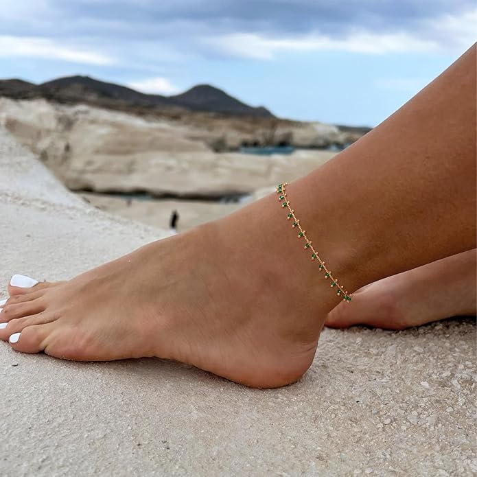 MTMY Gold Anklets for Women 14K Gold Plated Tiny Bead Anklet Colorful Tassel Foot Chain Dainty Adjustable Cute Summer Beach Boho Anklets Jewelry Gift