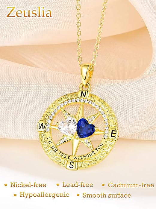 Zeuslia Double Birthstone Necklace Gifts for Wife - 925 Sterling Silver Sunflower/Rose/Crown Cross/Compass/Heart Pendant I Love You Necklace, Anniversary Birthday Gifts for Wife Girlfriend Mom Her