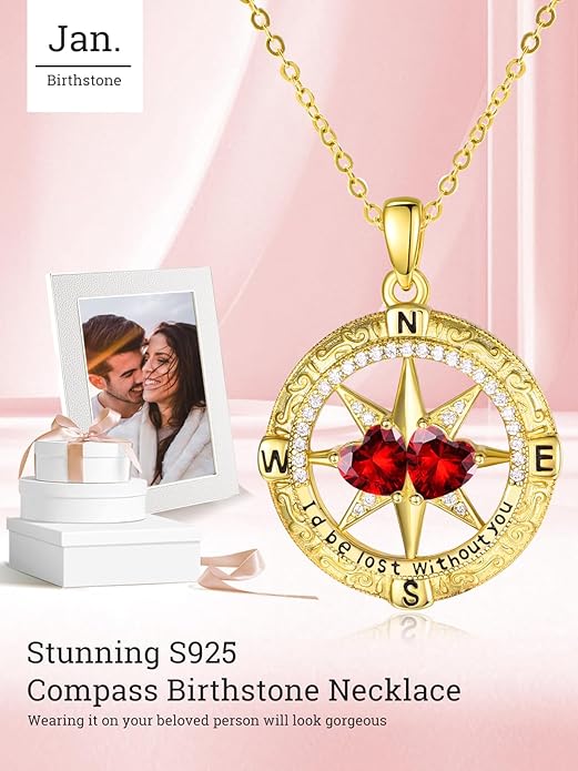 Zeuslia Double Birthstone Necklace Gifts for Wife - 925 Sterling Silver Sunflower/Rose/Crown Cross/Compass/Heart Pendant I Love You Necklace, Anniversary Birthday Gifts for Wife Girlfriend Mom Her
