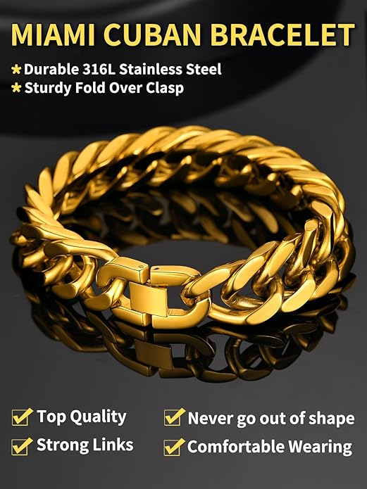 ChainsHouse Stainless Steel Cuban Link Bracelet, 8mm/12mm/17mm Width, 7.5"/8.3"/9", 18K Gold Plated Chain Wrist Bracelets for Men Women, Send Gift Box