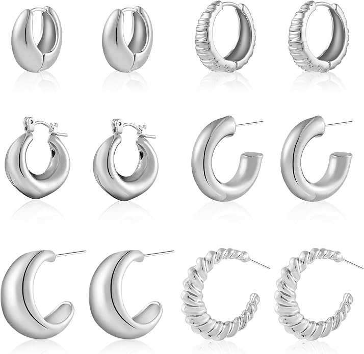 6 Pairs Gold Hoop Earrings for Women, 14K Gold Plated Lightweight Chunky Hoop Earrings Set Hypoallergenic, Thick Open Huggie Hoops Earrings Jewelry for Gifts.
