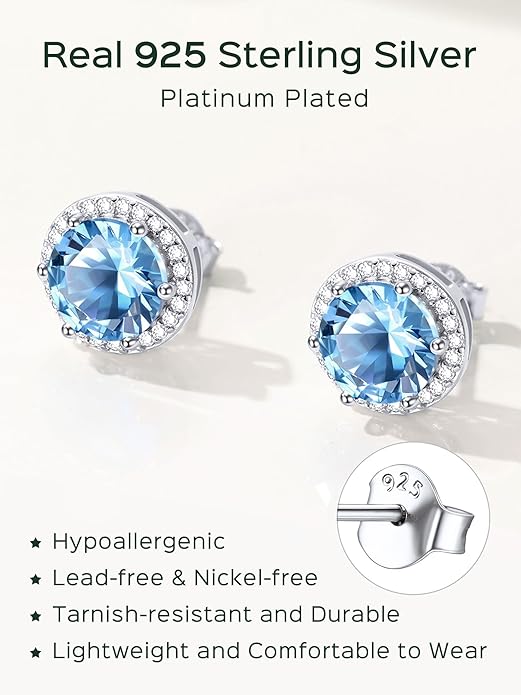 ChicSilver 925 Sterling Silver Birthstone Earrings for Women, 8MM/2 Carat Heart & Round Cubic Zirconia Stud Earrings, Hypoallergenic Jewelry, Ideal Birthday or Christmas Gifts