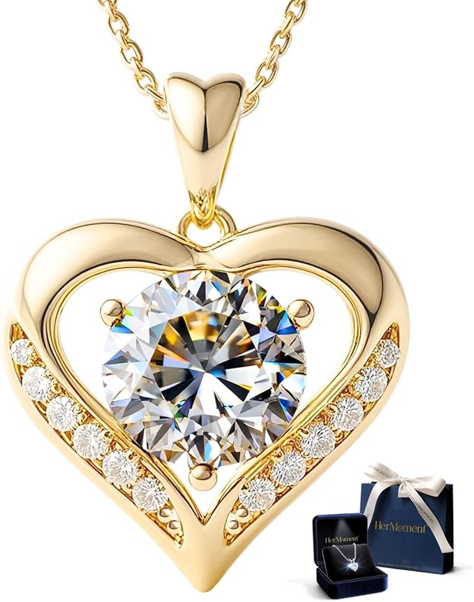 Moissanite Necklace for Women – 14kt Gold Heart Necklaces – Moissanite Pendant for Woman 2-3 Carat - Luxury Love Jewelry Gift for Anniversary, Birthday and Christmas - Jewelry for Wife from Husband