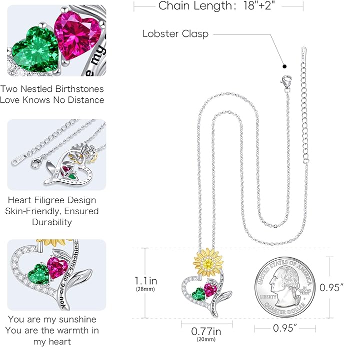 PERJI Valentine's Day Gifts for Women - 925 Sterling Silver Double Birthstone Sunflower Necklace, Anniversary Birthday Jewelry You are My Sunshine Gifts for Wife Couple Girlfriend 18"+2" Non Tarnish