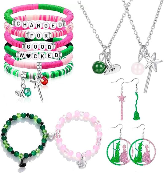 Axepet Witch Jewelry Set Magic Wand&Witch Hat Beaded Stretch Bracelet Earrings BFF Couples Necklace, Christmas Party Dress Deco Witch Merch Jewelry