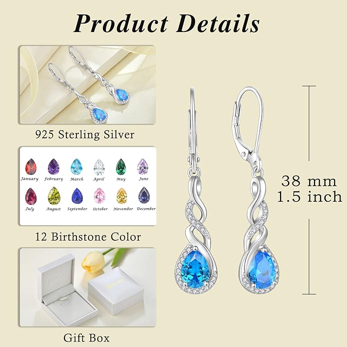Infinity Dangle Drop Earrings for Women 925 Sterling Silver Teardrop Leverback Earrings Birthstone Jewelry Gifts for Women Wife Girlfriend Mother Daughter Her