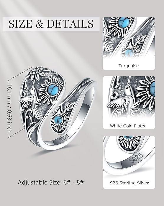 S925-Sterling-Silver Abalone Dragonfly-Turquoise Spoon Ring - Vintage Boho Sunflower Thumb Oxidized Wrap Rings Victorian Style Antique Floral Jewelry Gifts for Women