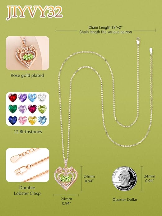JIYVY32 Rose Heart Necklace for Women Exquisite 925 Sterling Silver Anniversary Birthday Gifts for Wife Mom Her Double Birthstone Pendant Jewelry