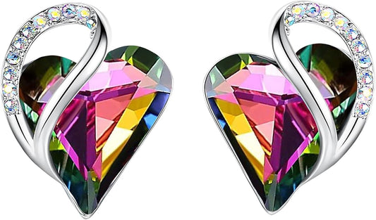 Earrings for Women, Mothers Day Gift for Mom, Heart Birthstone Crystal Stud Earring, Silver Plated Birthday Jewelry