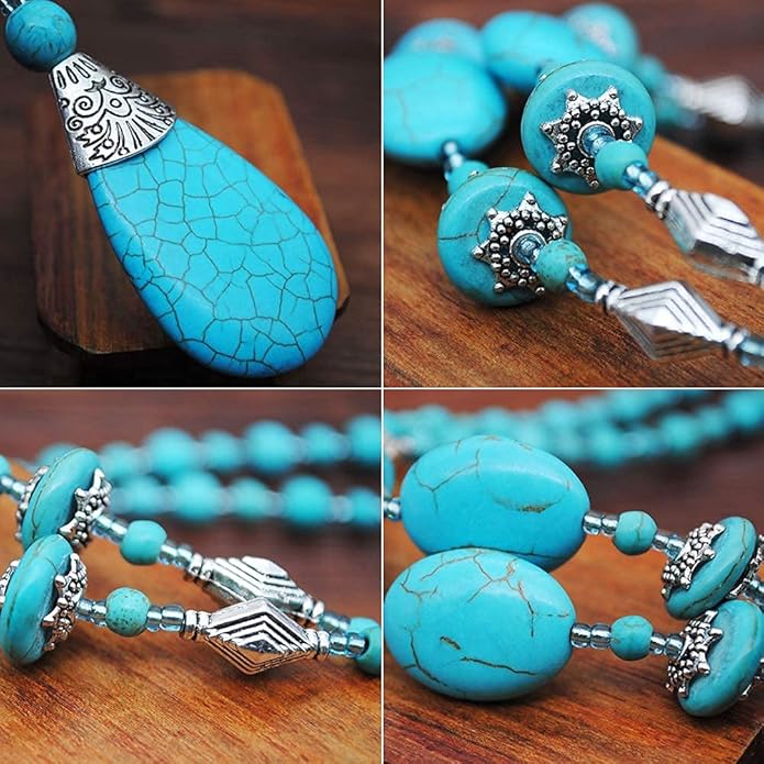 Bohemian Turquoise Necklace Set - Women's Western Jewelry with Long Choker, Pendant, Dangle Earrings, Layered Bracelets