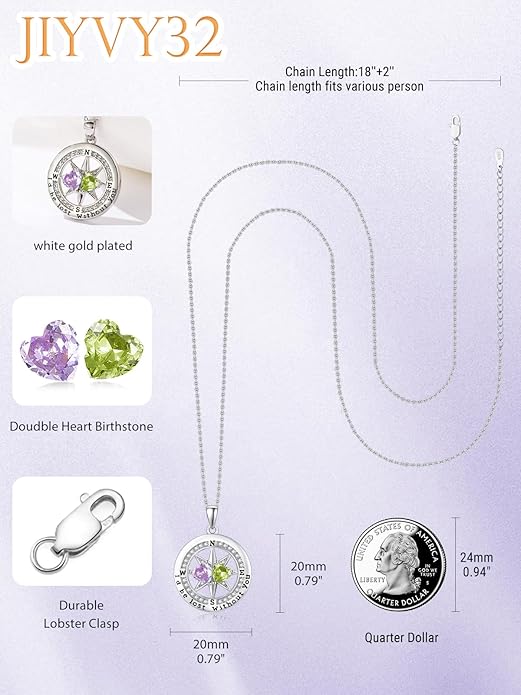JIYVY32 Compass Birthstones Necklace for Women, Exquisite S925 Necklace Anniversary Birthday Gifts for Wife Her Double Birthstone Pendant jewelry ‘I'd be Lost Without You’