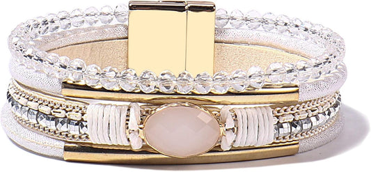 FANCY SHINY Leather Wrap Bracelets Crystal Beads Bracelet Boho Cuff Stone Charm Bracelets with Clasp Costume Jewelry for Women