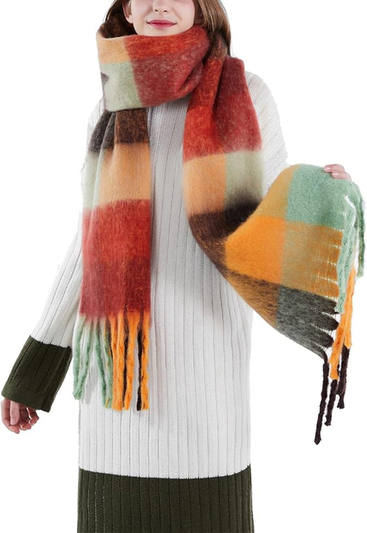SHOHOKU Large Chunky Plaid Scarf Coloured Checked Oversized Scarf Tassel Soft Fall Winter Thick Warm Shawl Women