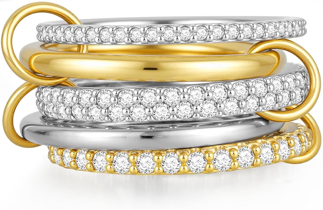Emibele 14K Gold Plated Stackable Rings for Women, Interlocking Non Tarnish Gold Rings, Silver Dainty Cubic Zirconia Bands, Two-Toned Mixed Metal Stacking Band, Trendy Jewelry Gifts for Women