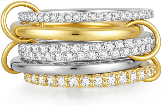 Emibele 14K Gold Plated Stackable Rings for Women, Interlocking Non Tarnish Gold Rings, Silver Dainty Cubic Zirconia Bands, Two-Toned Mixed Metal Stacking Band, Trendy Jewelry Gifts for Women