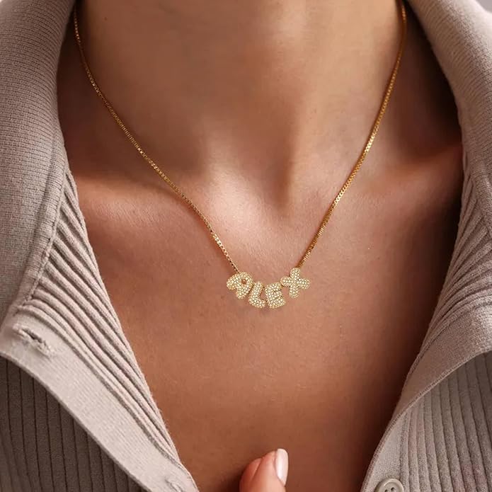 Custom Diamond Bubble 3D Letter Necklace Puffy Personalized Initial Charm with Zircon,18K Gold Plated Dainty Balloon Name Necklace for Women, Handmade Jewelry Gift for Her,Mother's Day