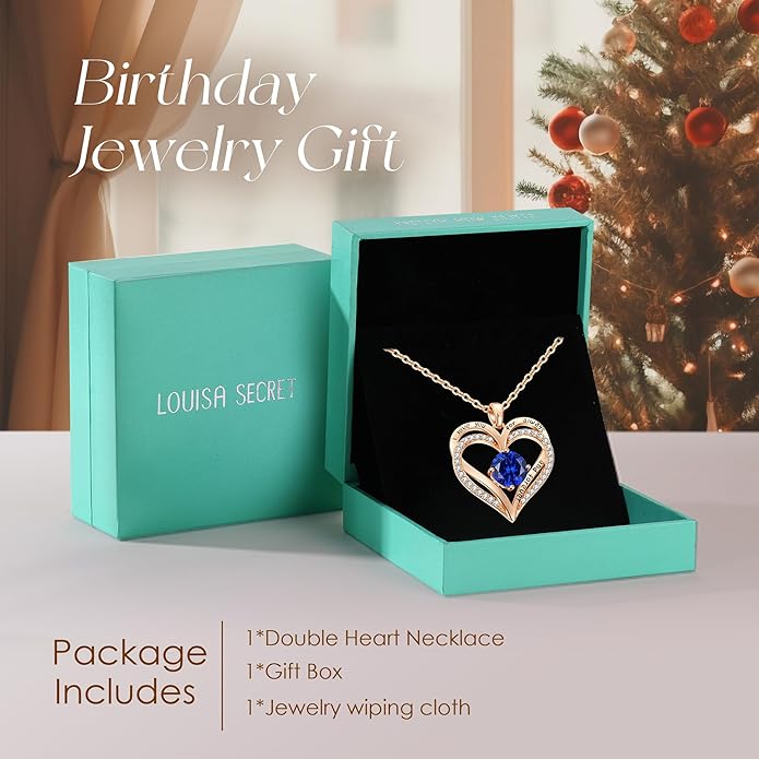 LOUISA SECRET Love Heart Birthstone Necklaces for Women, Birthday Gift for Girlfriend, Anniversary Jewelry Gift for Wife Her, 925 Sterling Silver Women Pendant Necklace, Mother's Day Christams Gift