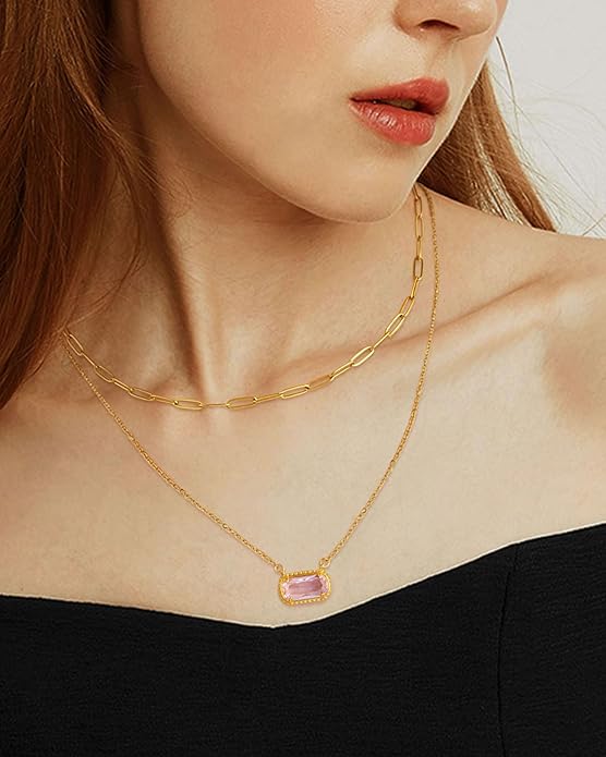 Lourny Gemstone Birthstone Pendant Layered Necklace for Women Trendy, 18K Gold Plated Paperclip Chain Preppy Choker Charm Necklace for Women Wife Jewelry