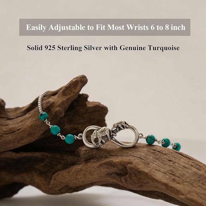 Genuine Turquoise Elephant Bead Bracelet for Women 925 Sterling Silver Real Turquoise Adjustable Boho Native American Bracelets 6 to 8 Inch