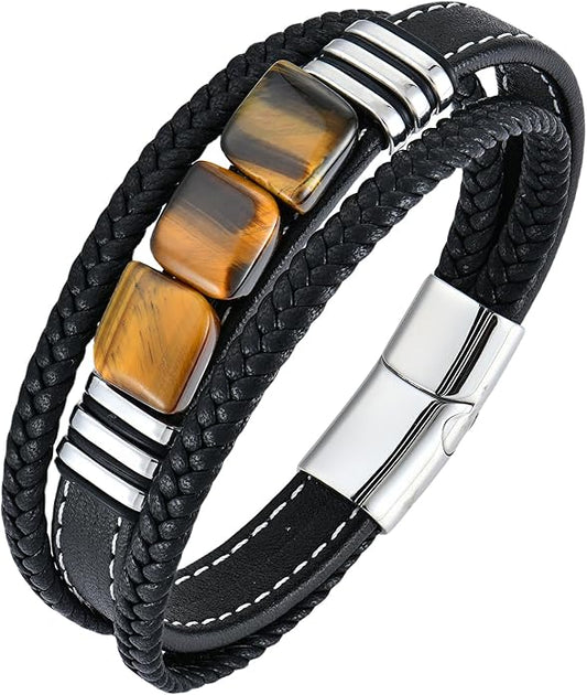 STARCHENIE Multi Strand Bracelet for Men Square Authentic Tiger Eye Black Braided Leather Mens Bracelet and Stainless Steel Buckle
