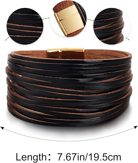 Edoneery Leather Wrap Bracelet for Women, Boho Handmade Multi-Layer Cuff with Crystal Beads Heart, Stackable Bangle Western Jewelry Gift