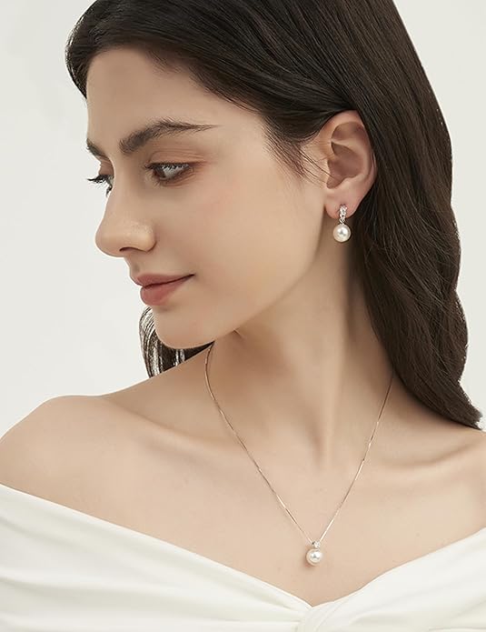 Mameloly Pearl Drop Earrings 925 Sterling Silver CZ 10MM Simulated Pearl Earrings for Women Dangle Trendy Jewelry for Women Hypoallergenic