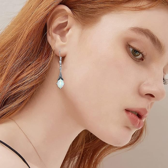 AOBOCO Vintage Earrings for Women Sterling Silver Retro Drop Dangle Leverback Earrings with 8x6mm Oval Genuine or Simulated Birthstone Crystal from Austria, Anniversary Jewelry Gifts for Her Women