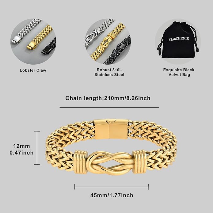 STARCHENIE Infinity Knot Bracelet for Men 316L Stainless Steel Double Layered Braided Franco Chain Bracelet