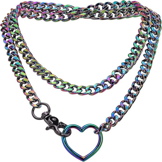 Chunky Gold Choker Necklaces for Women, Long Gold Chain Heart Necklace, 36 Inches Slip Chain Adjustable Lariat Heart Y Necklace for Women and Men, Goth Chunky Heart Necklace Jewlery Gifts