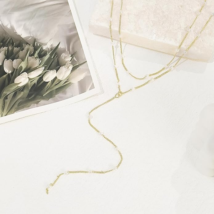 Lariat Gold Necklace for Women, Dainty Long Necklace 14k Gold Plated/Silver Y-Shaped Layered Beaded Chain Drop Necklaces for Women Trendy Simple Gold Jewelry for Women Gifts