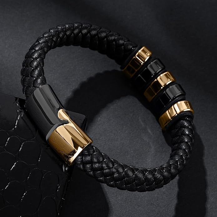 Leather Bracelet for Men Braided Cuff Wristband Stainless Steel Clasp in Silver and Gold Jewellery Gift